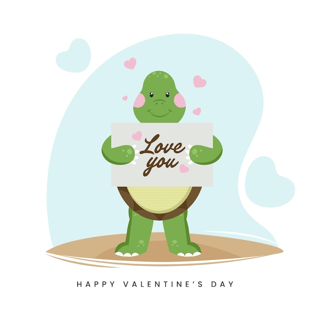 Happy Valentine's Day Greeting Card With Cartoon Turtle Showing Paper Of LOVE YOU Text On Abstract Background