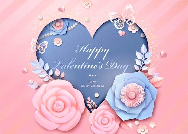 Happy Valentine's Day greeting card with  heart shaped template with paper flowers decorations in 3d style