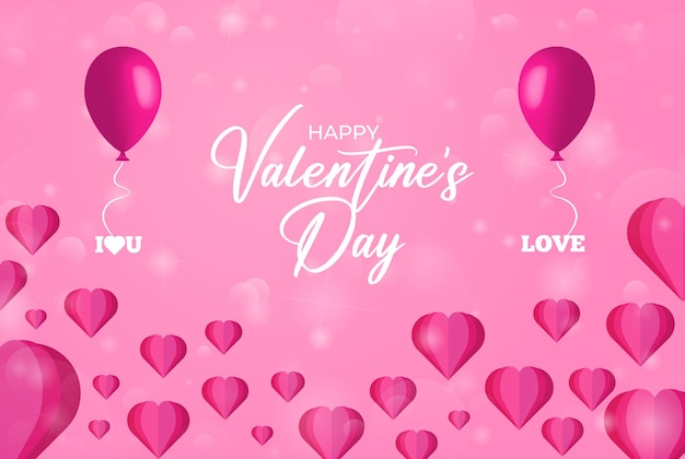 Happy valentine's day greeting card with realistic beautiful balloons and hearts on pink background