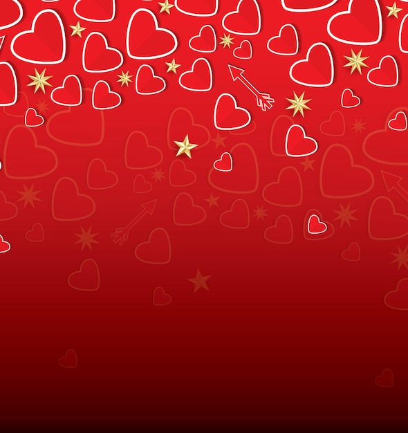 Happy Valentine's Day Greeting Card with Red Hearts and Golden Stars. Vector Illustration.