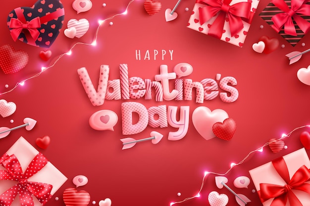 Cartolina d'auguri di san valentino felice con cuori dolci e confezione regalo sul rosso