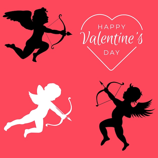 Happy Valentine's Day.Greeting kaart met cupido silhouetten, hart en groet inscriptie.Vector.