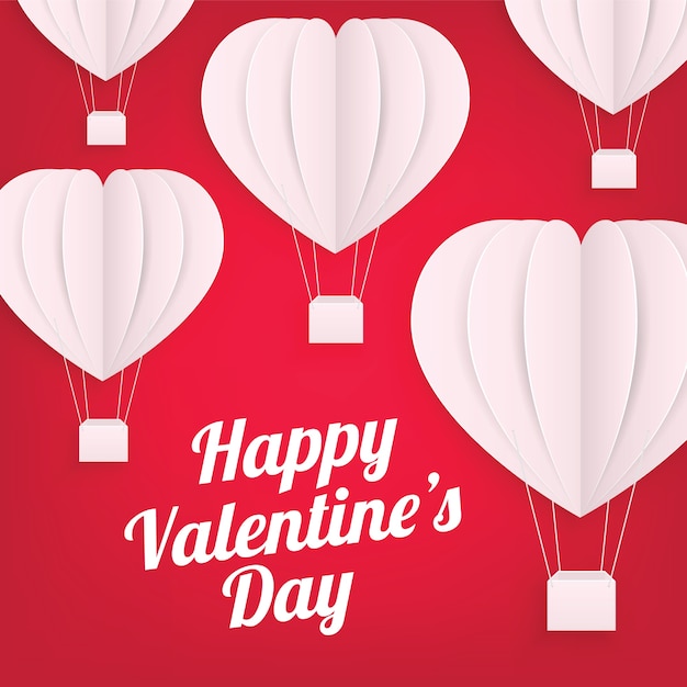 Happy Valentine's Day Greetings Card with Paper Cut Heart Shape Flying Hot Air Balloon