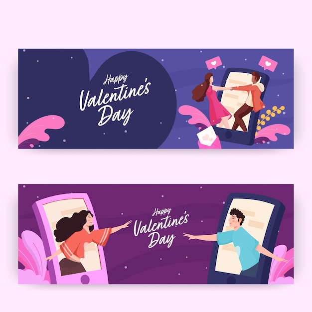 Buon disegno di intestazione o banner di san valentino con coppia romantica in due opzioni di colore.