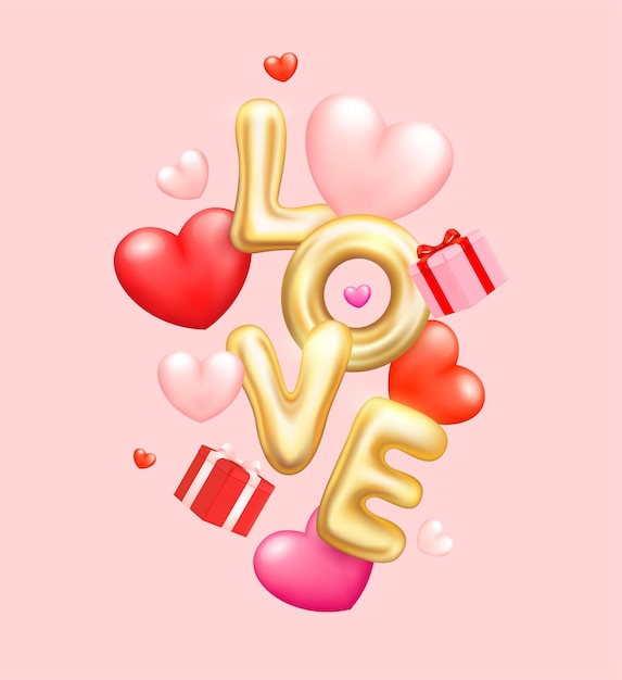 Vector happy valentine's day heart shaped and glitter gold letters sign love floating the air with gift box