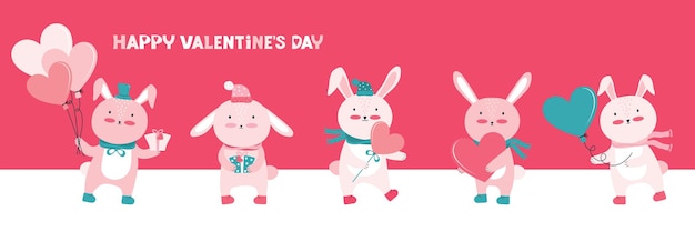 幸せなバレンタインデーの水平バナーまたはグリーティングカード。ハートとギフトのかわいいピンクのウサギ。バレンタインカードとロマンチックなウサギ