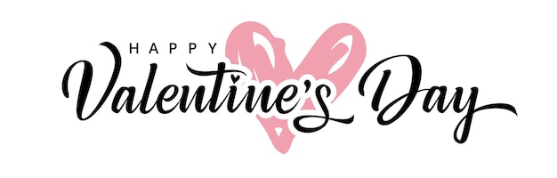 Happy Valentine's Day horizontal banner or icon. Brushing stroke style pink heart and typography.