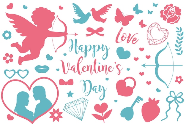 Happy Valentine s Day icon set van stencil silhouetten. Leuke romantiek liefdescollectie van designelementen met cupido, hart, paar, duiven, diamant, vlinder, bloemen. Vector illustratie.