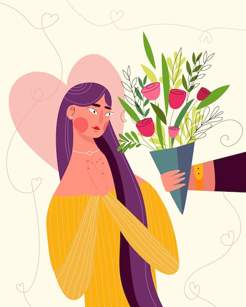 グリーティングカードの幸せなバレンタインデーのイラスト かわいいロマンチックなカップル 男は花と心を与える プレミアムベクター