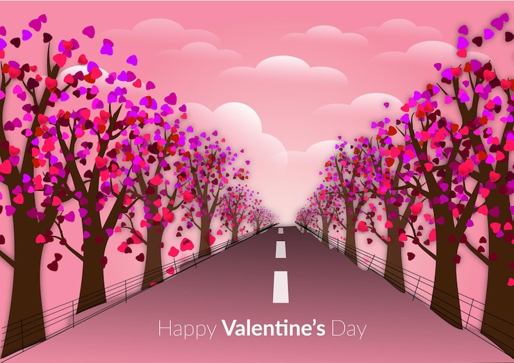Vector happy valentine's day illustration of trees and a floating sky with street