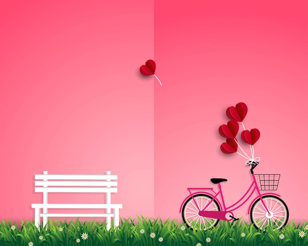 Happy Valentine's day illustration with red balloons flying over garden