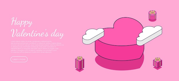 Happy valentine's day in isometric style 3d heart and clouds with gifts valentines day greeting card template vector illustration isolated on pink background
