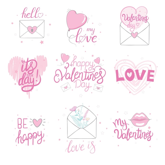 Buon san valentino lettering con cuori frase romantica disegnata a mano calligrafia moderna pennello frase disegnata a mano romantica illustrazione vettoriale per il concetto di amore san valentino o matrimonio