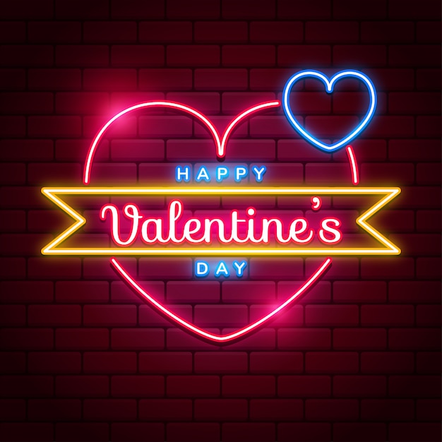 Happy Valentine's Day neon signboard with bright pink and blue vector neon heart on red brick walls