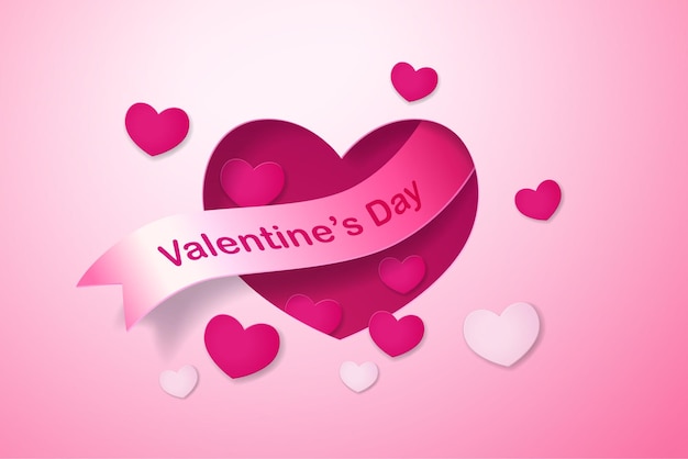 Happy Valentine's Day papier gesneden illustratie met liefde vorm en lint op roze achtergrond.