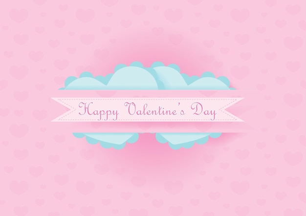 "Happy Valentine's Day" pink wording on pink ribbon banner and cute blue hearts insert pink and many hearts pattern background.