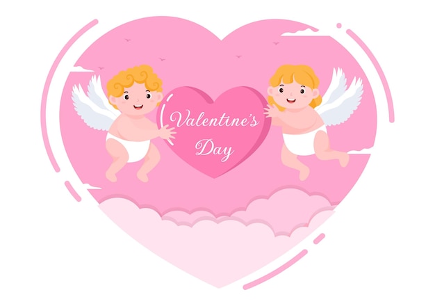 Happy Valentine's Day platte ontwerp illustratie die wordt herdacht op 17 februari met schattige Cupido, engelen op wolken voor liefde wenskaart