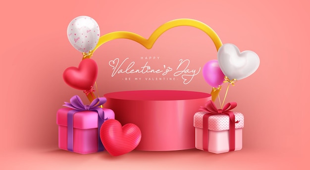 Happy valentine's day podium vector design. valentine's podium stage with gifts box and heart.