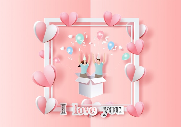 Happy valentine's day, pop up card, cute couple in love hands raised and have fun in party.