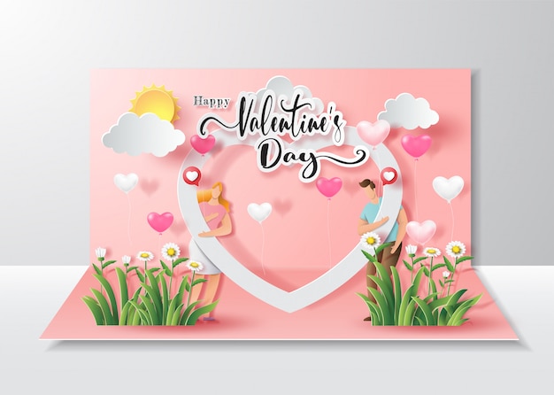 Happy Valentine's Day, pop up card, cute couple in love holding balloon with big heart frame.