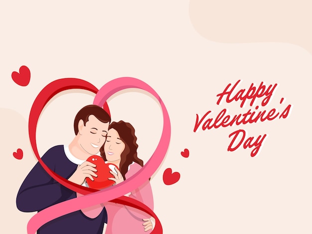Happy Valentine's Day Poster Design Met Romantisch Paar In Hartvorm Maken Door Lint Op Kosmische Latte Achtergrond