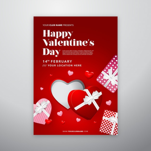 Happy Valentine's Day poster met realistische Valentijnsdag open geschenkdoos voor flyer of dekking