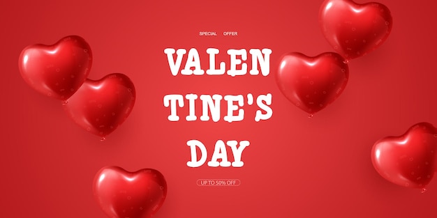 아름다운 배경 벡터 그림에 빨간색 하트 풍선이 있는 해피 발렌타인 데이 포스터 또는 바우처 디자인