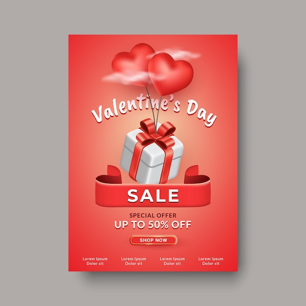 Happy Valentine's Day poster romantic sale offer concept Beautiful backdrop with red hearts balloon and gift box ornament