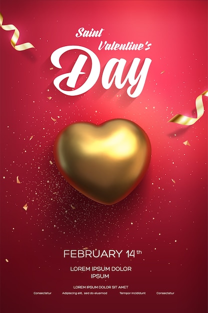 Happy Valentine's Day poster. Top view on golden heart