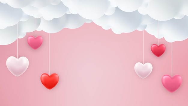 Buon poster o voucher di san valentino. modello di invito a una festa con banner rosa. cuore 3d su sfondo nuvola. concetto di amore per la festa della mamma felice, san valentino, giorno di compleanno. illustrazione vettoriale.