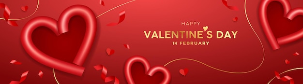 Buon san valentino, leggi a forma di cuore e nastro rosso con linee dorate, banner design