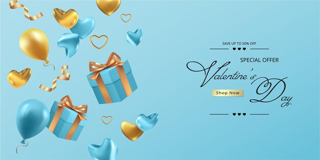 Vector happy valentine's day realistic banner with falling gift box, hearts and flowers
