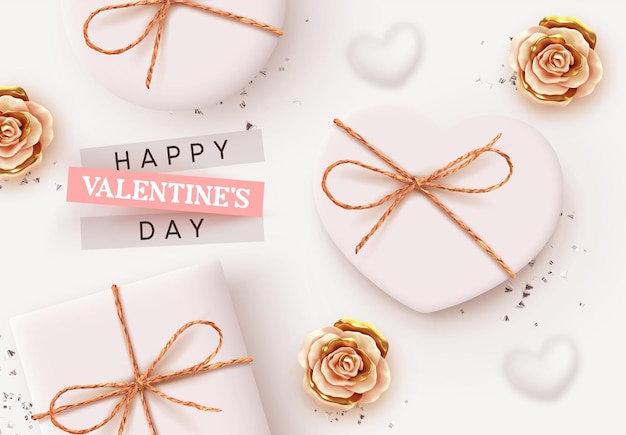 Vector happy valentine's day. romantic background design with realistic white gifts box in the shape of heart. flowers roses, gold and beige buds. bright shiny confetti. holiday poster, banner, greeting card