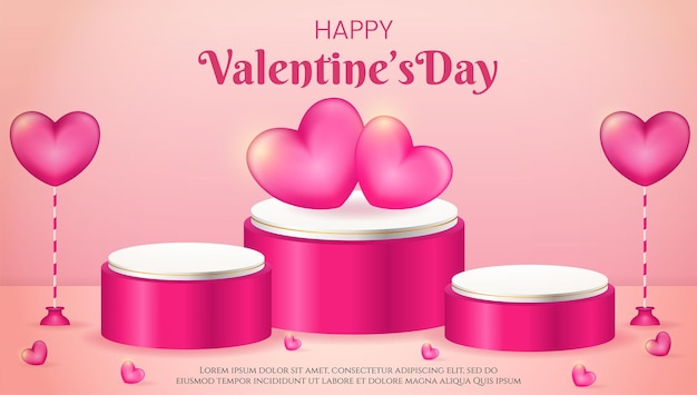 Happy valentine's day sale 3d product display pink podium with realistic hearth or love