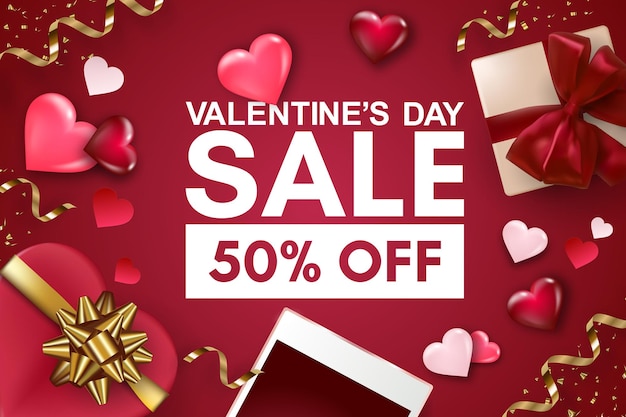 Happy Valentine's Day Sale banner or background with smartphone, gift box, hearts and bows.