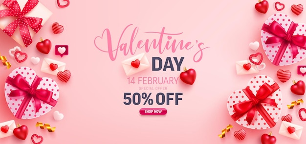 Happy valentine's day sale banner with heart shaped gift box sweet hearts and valentine elements