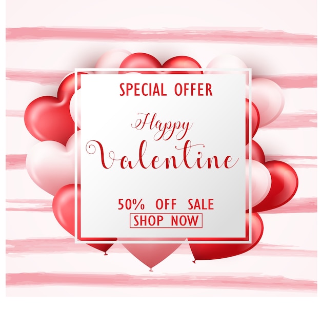 Happy valentine's day sale banner with pink and red hearts