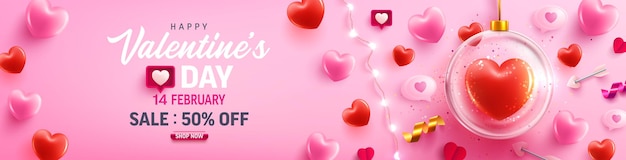 С Днем Святого Валентина распродажа плакат или баннер со сладким сердцем, светодиодные гирлянды и элементы Валентина на розовом. Поощрение и шаблон покупок для любви и концепции дня святого Валентина.