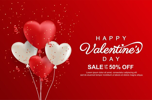 Felice banner di promozione di vendita di san valentino con palloncini amore realistici