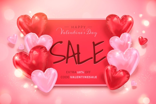 Happy valentine's day sale template with heart shaped balloons in 3d illustration