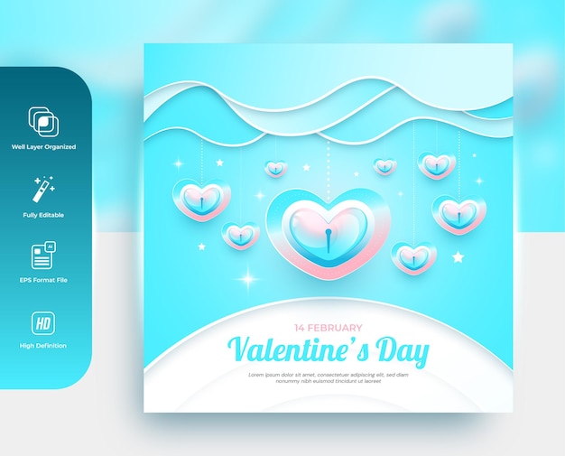 Felice giorno di san valentino social media poster o banner sfondo blu con modello di amore cuore 3d