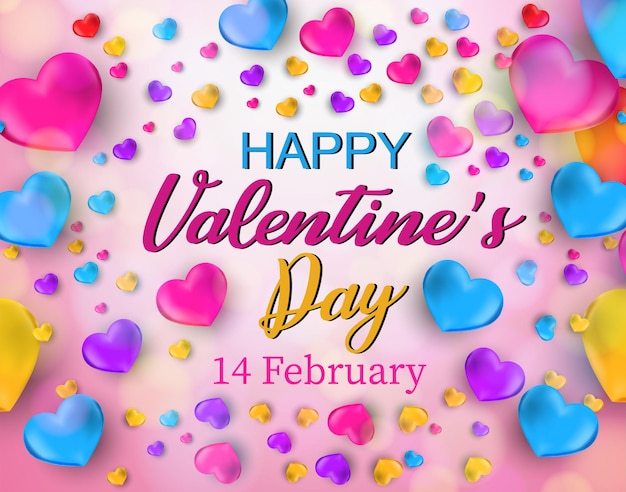 Vector happy valentine's day text lettering typography with colorful hearts greeting background