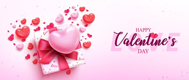 Happy valentine's day text vector background design. Valentine's gift box and heart balloons element