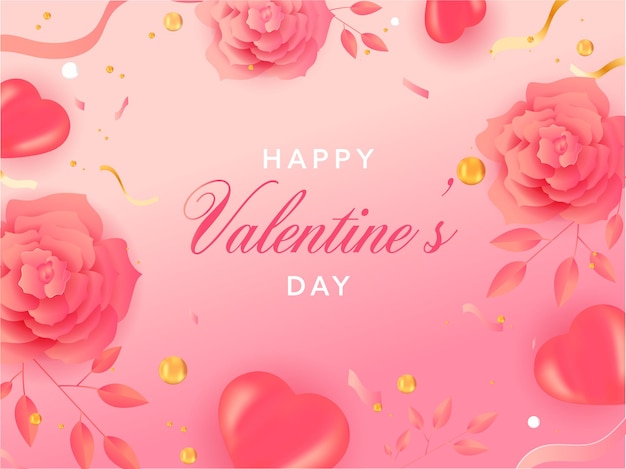 Happy Valentine's Day Text With Top View Rose Flowers