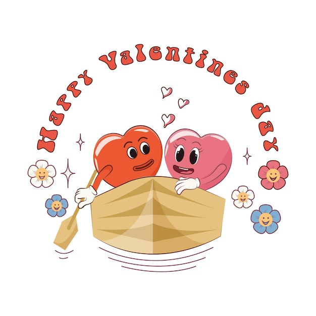 Vector happy valentine's day two in a boat happy lovers retro characters