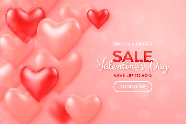 Happy Valentine's Day. Valentines day sale banner with red and pink balloons 3d hearts.