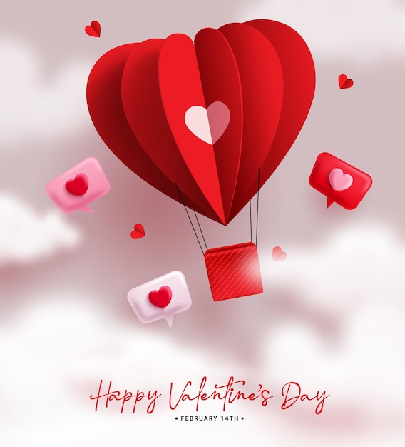 Happy valentine's day vector design. Valentine's day text with paper cut heart shape flying
