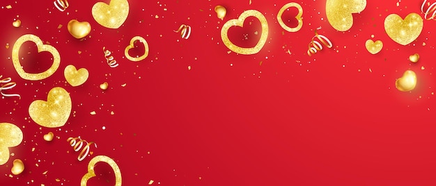 愛の祭りを称える、黄金の心と美しい紙吹雪の幸せなバレンタインデーのベクトルデザイン。