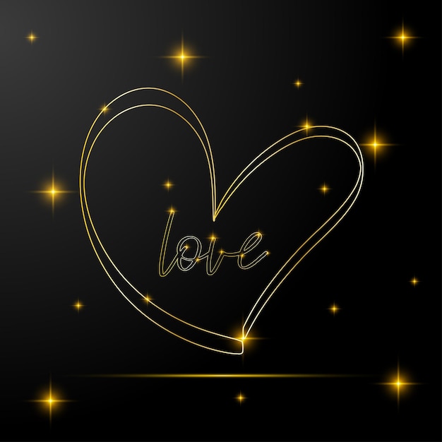 Happy Valentine's day vector greeting card with gold line heart and text love Concept for postcard