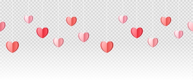 Happy Valentine's Day Vector multicolor hanging hearts on an isolated transparent background Paper elements paper decoration Vector illustration concept
